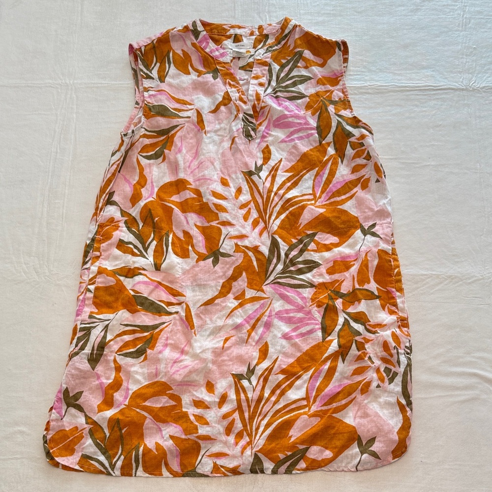 C&C California Women's Orange Pink Floral Design Linen Dress Size L